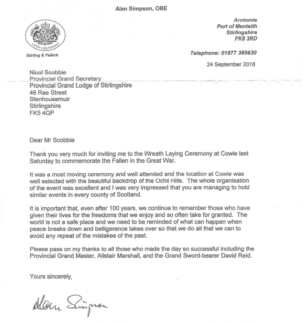 Letter from Lord Lieutenant